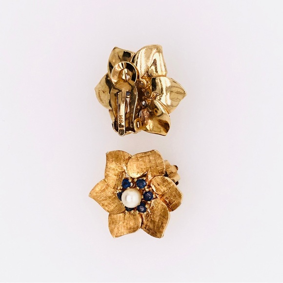 Estate🌸Vintage 14K Brushed Gold🌸 Pearl and Sapphire Clip-On Earrings - Picture 6 of 11